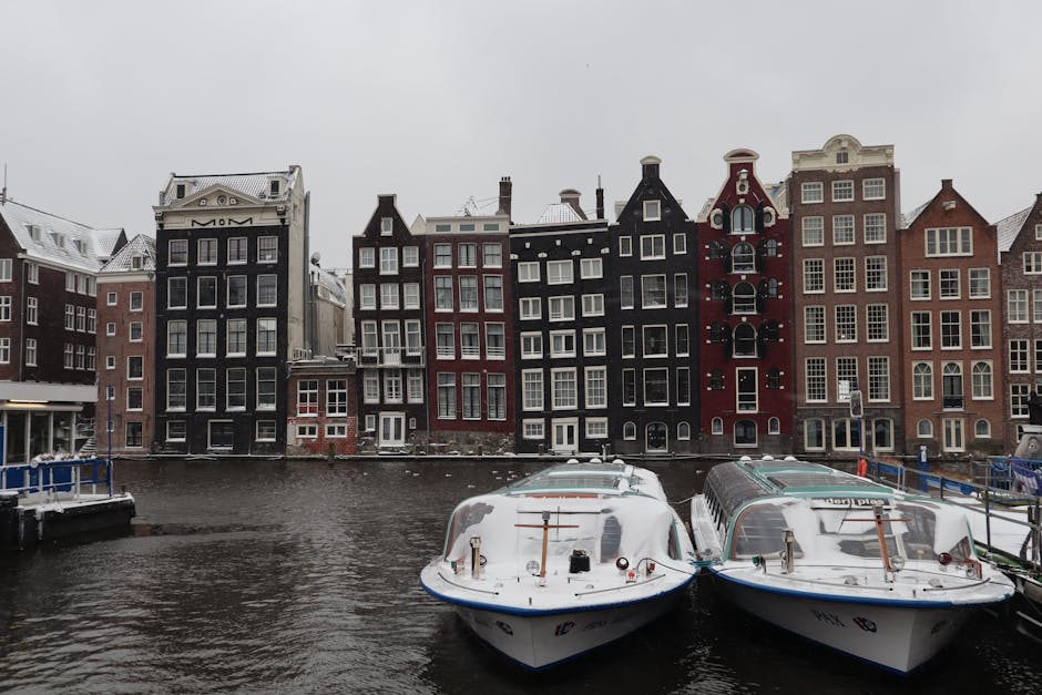 Amsterdam canal houses in winter with clear skies