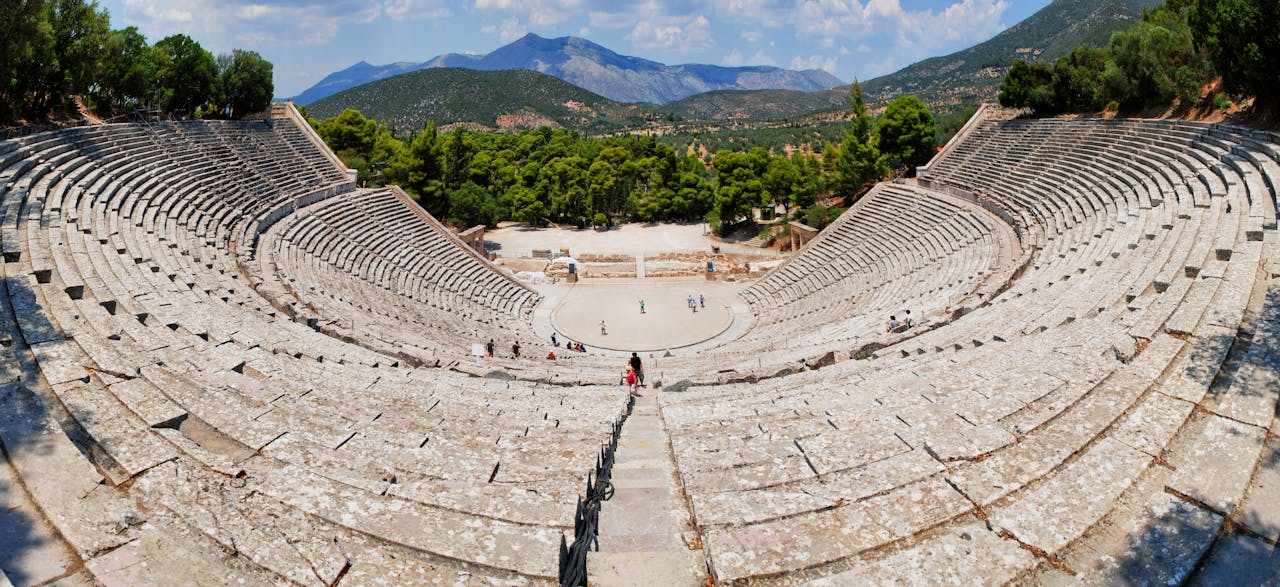 Detail of weathered stone theatre seats at an ancient Greek amphitheatre
