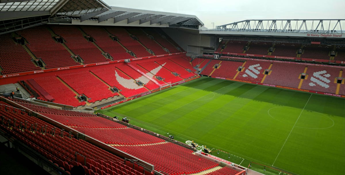 Aerial photograph of Anfield Stadium showing the full ground and surrounding streets