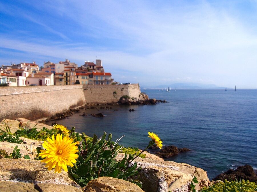 Antibes coast sea view with harbour in background on Cote d Azur France