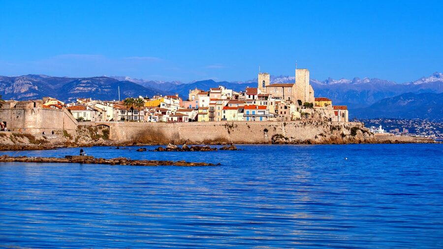 Colorful seaside buildings of Antibes Old Town on the Mediterranean coast