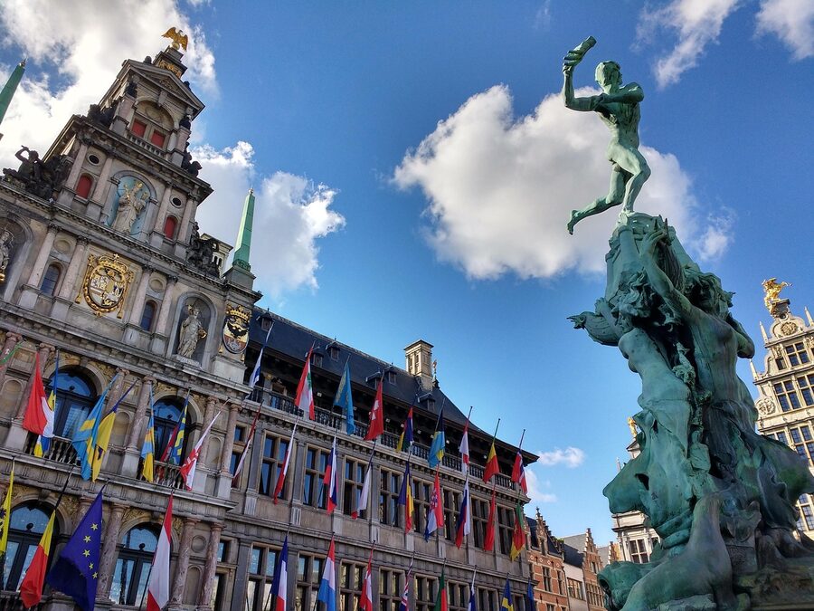 Antwerp Grote Markt with cathedral and cloudy sky