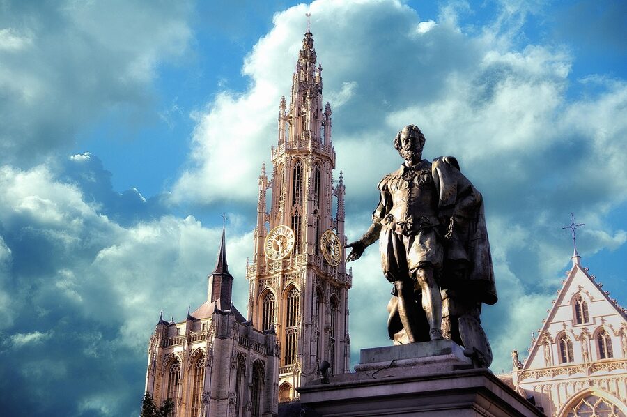 Statue of Peter Paul Rubens in front of Antwerp Cathedral
