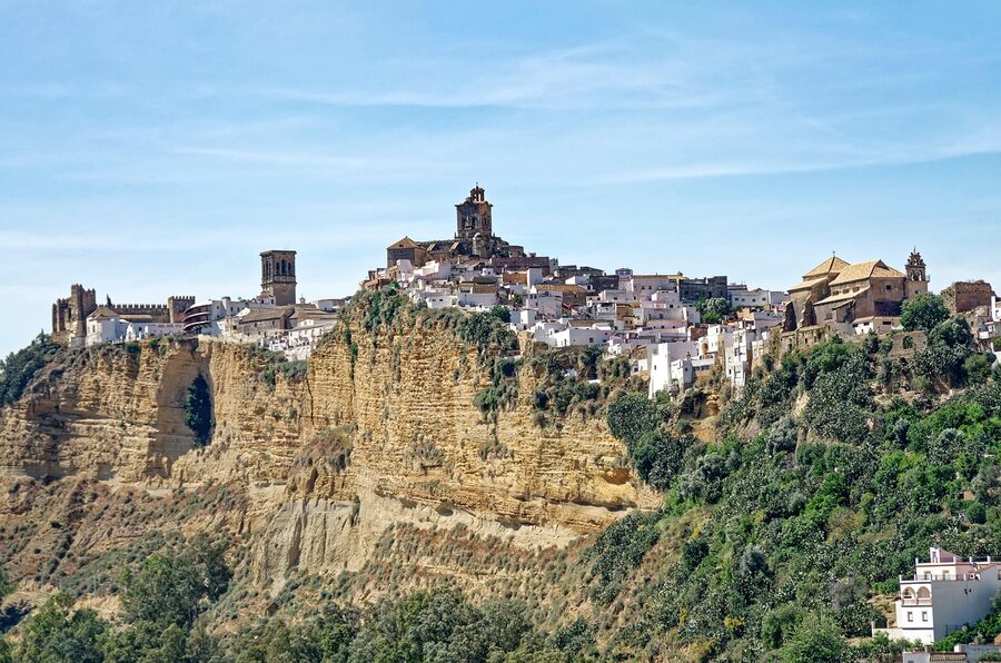 Arcos de la Frontera church and plateau over valley Andalusia