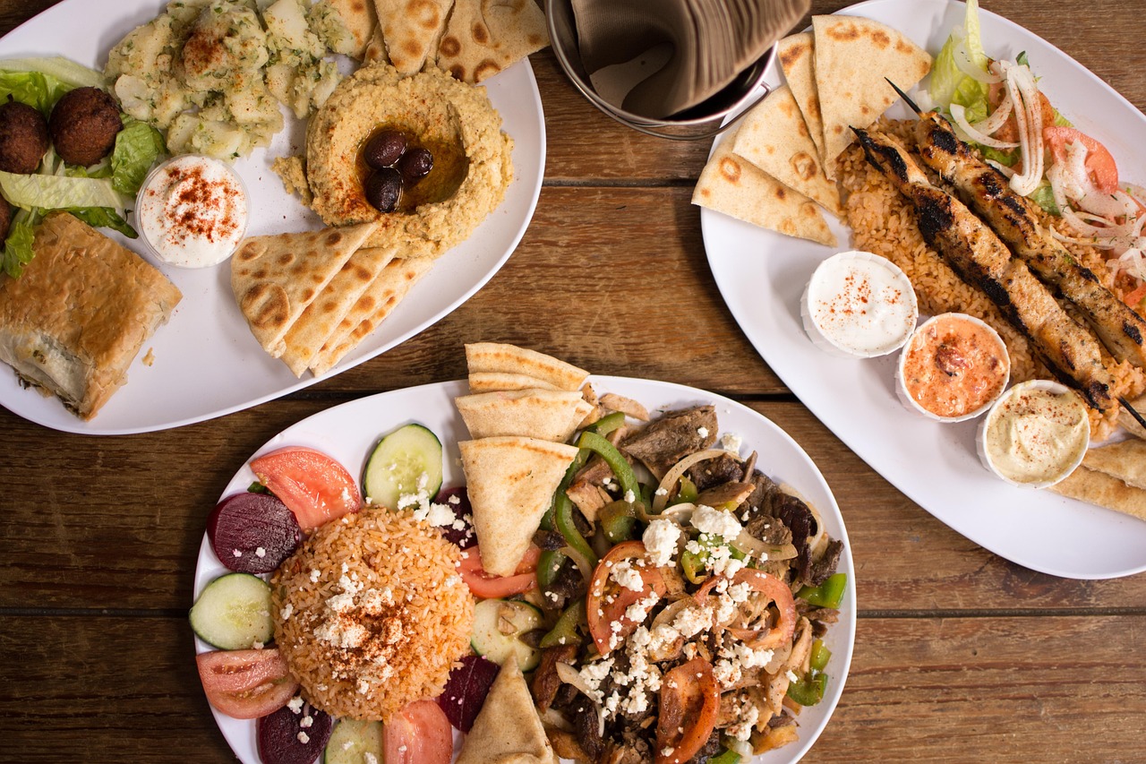 Greek mezze platter with hummus, falafel, souvlaki and rice