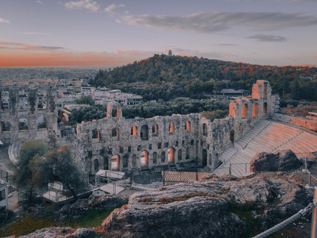Scenic view of the Odeon of Herodes Atticus amphitheater in Athens at sunset