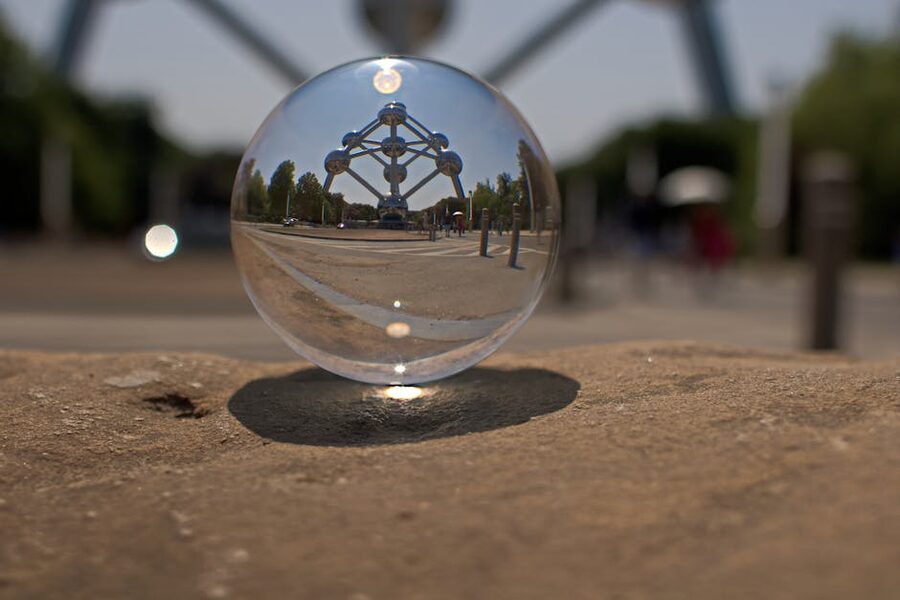 Atomium Brussels reflected in crystal ball glass
