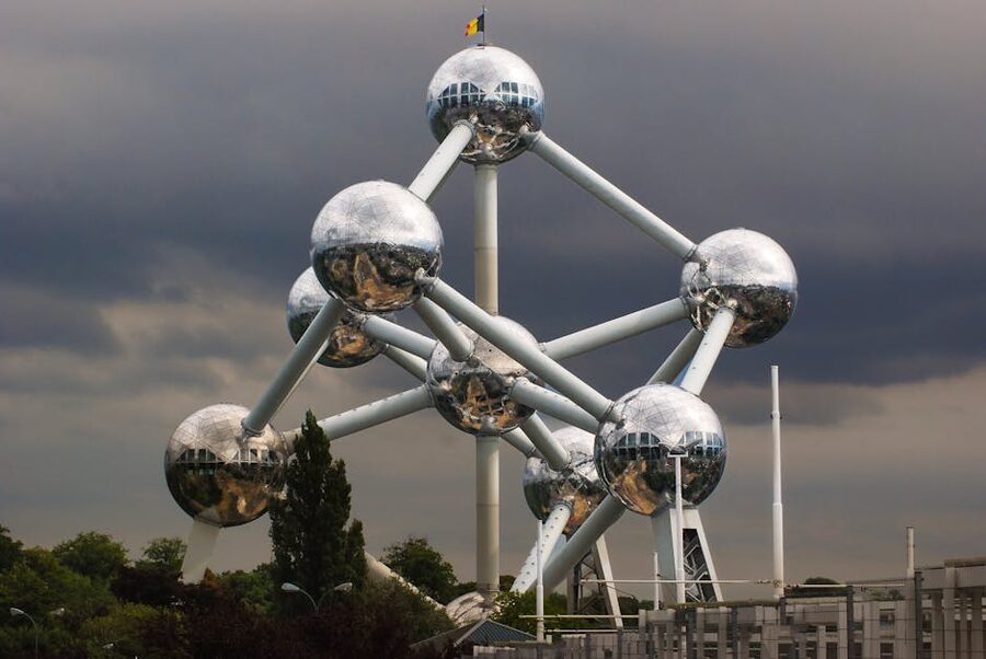 Atomium Brussels against dramatic moody sky