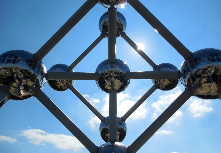 Atomium Brussels viewed from below showing connecting tubes