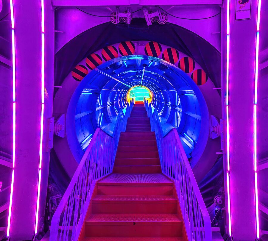 Atomium interior corridor with colorful neon stair lights