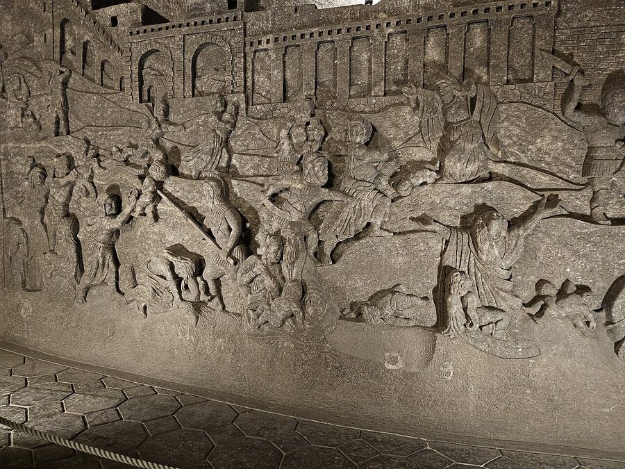 Timber-lined corridor inside Wieliczka Salt Mine
