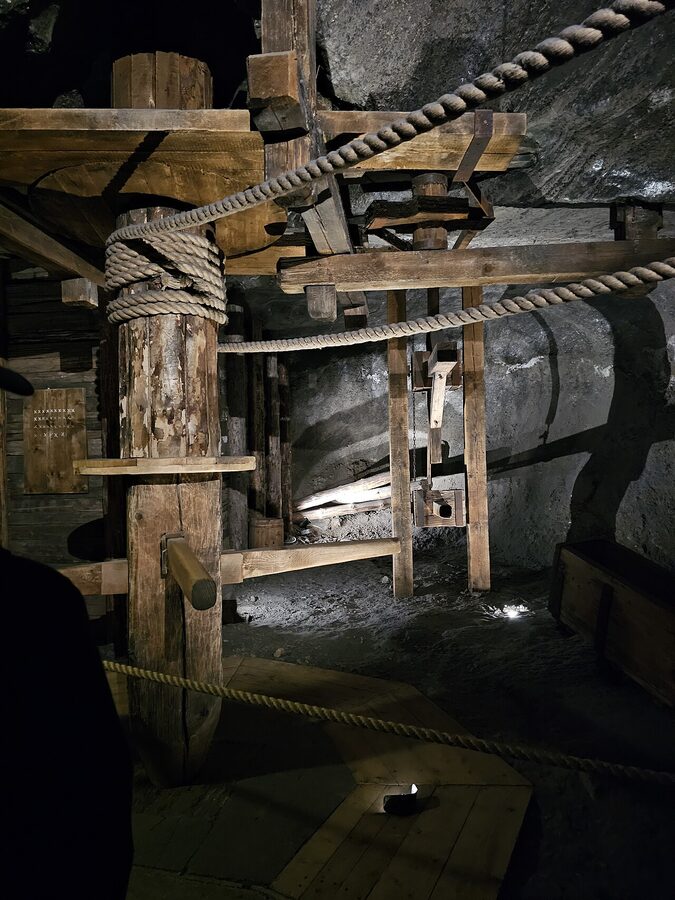 Wooden Danilowicz Shaft staircase descending into Wieliczka Salt Mine