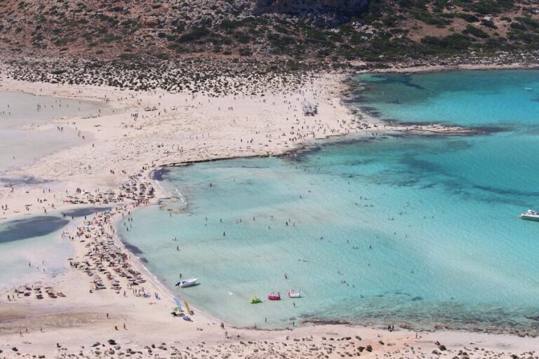 Aerial view of Balos Beach in Crete showing turquoise lagoon