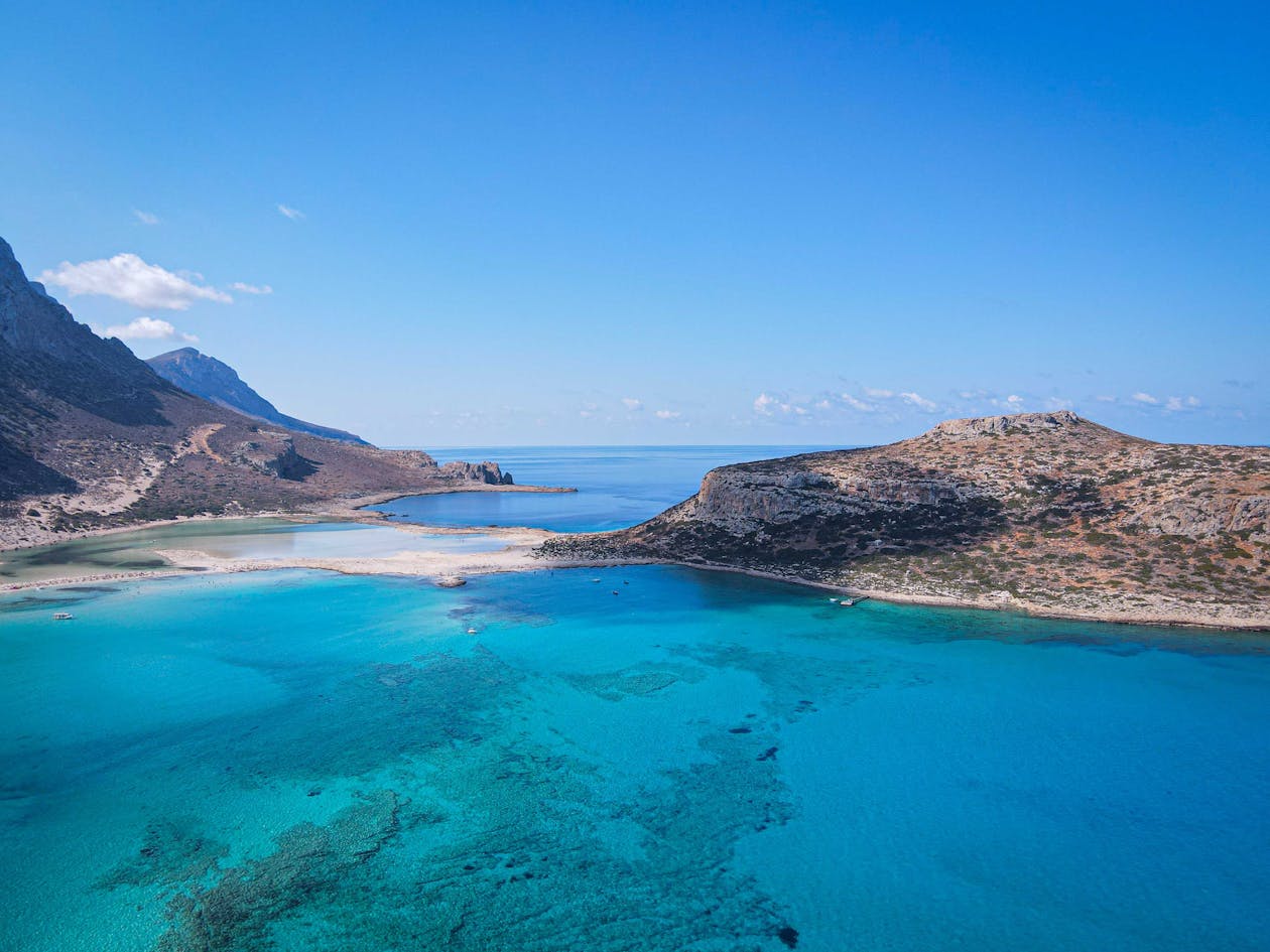 Balos Lagoon crystal clear azure waters aerial view Crete