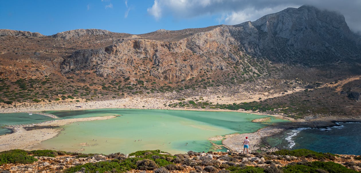 Aerial view of Balos Lagoon with rugged Cretan coastline