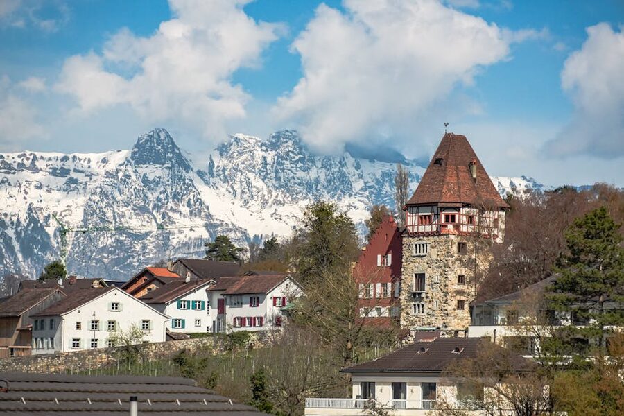 Balzers village Liechtenstein with snowy Alps