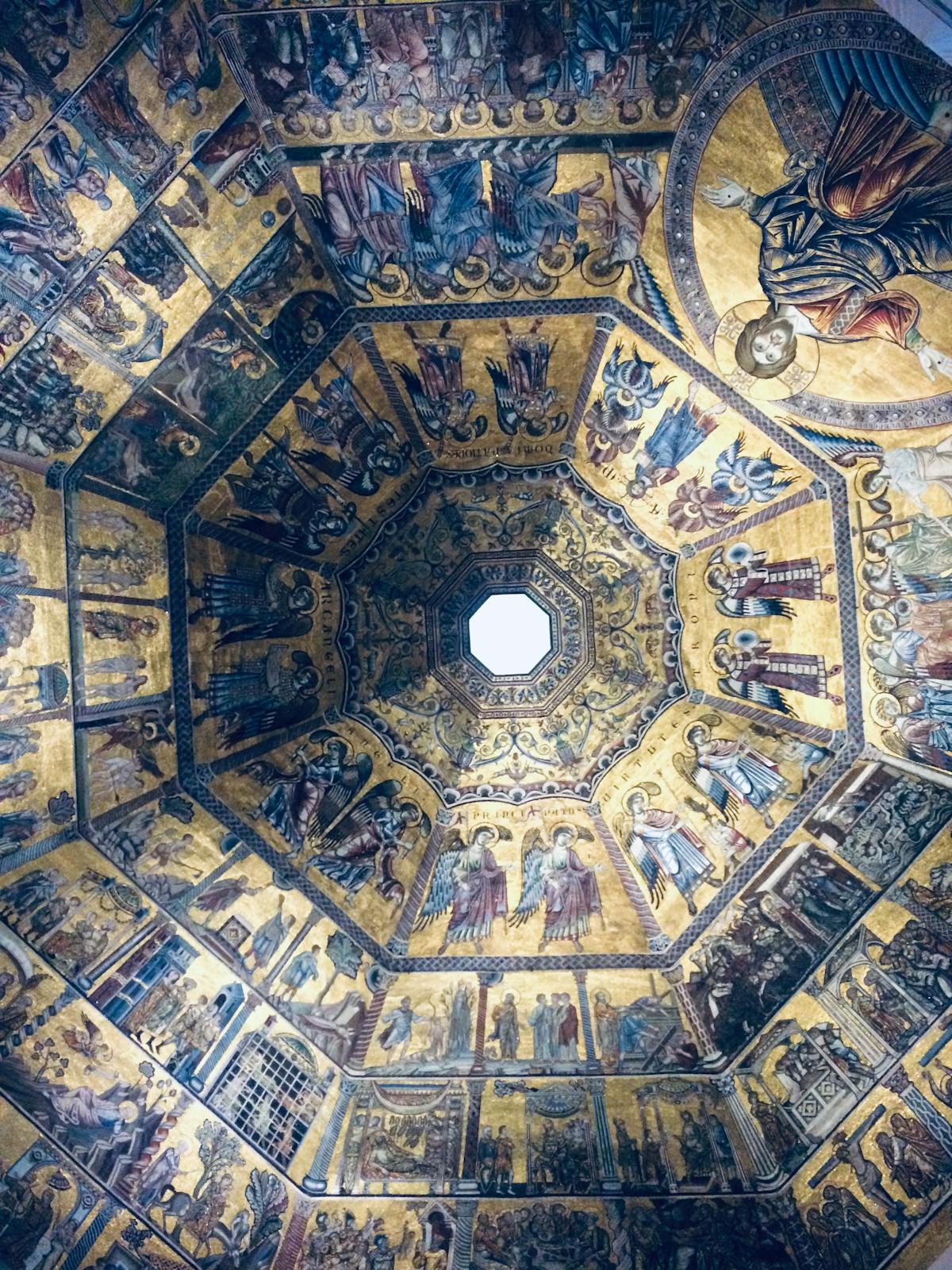 Stunning golden mosaic ceiling inside the Florence Baptistery showing religious imagery and Christ figure
