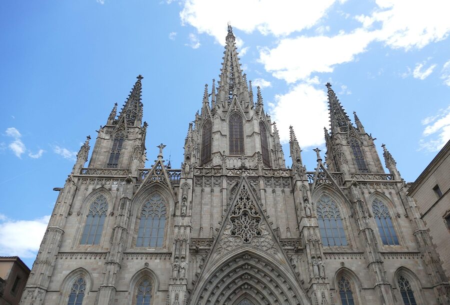Barcelona Cathedral exterior with Gothic architecture and surrounding buildings