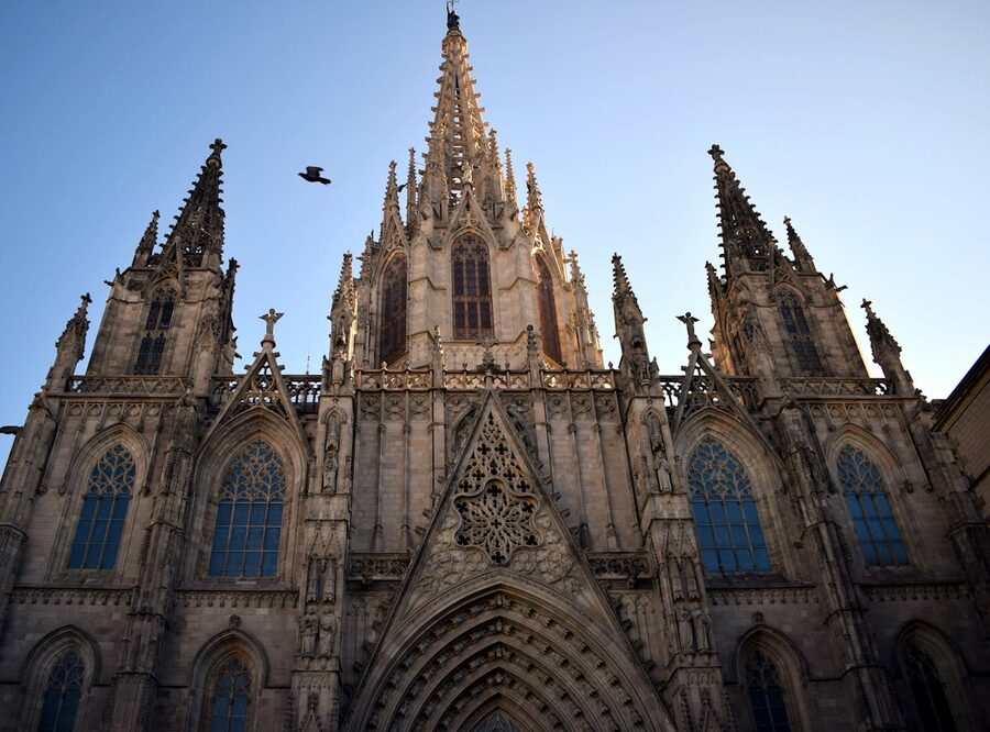 Close-up of Barcelona Cathedral Gothic facade with ornate stone carvings