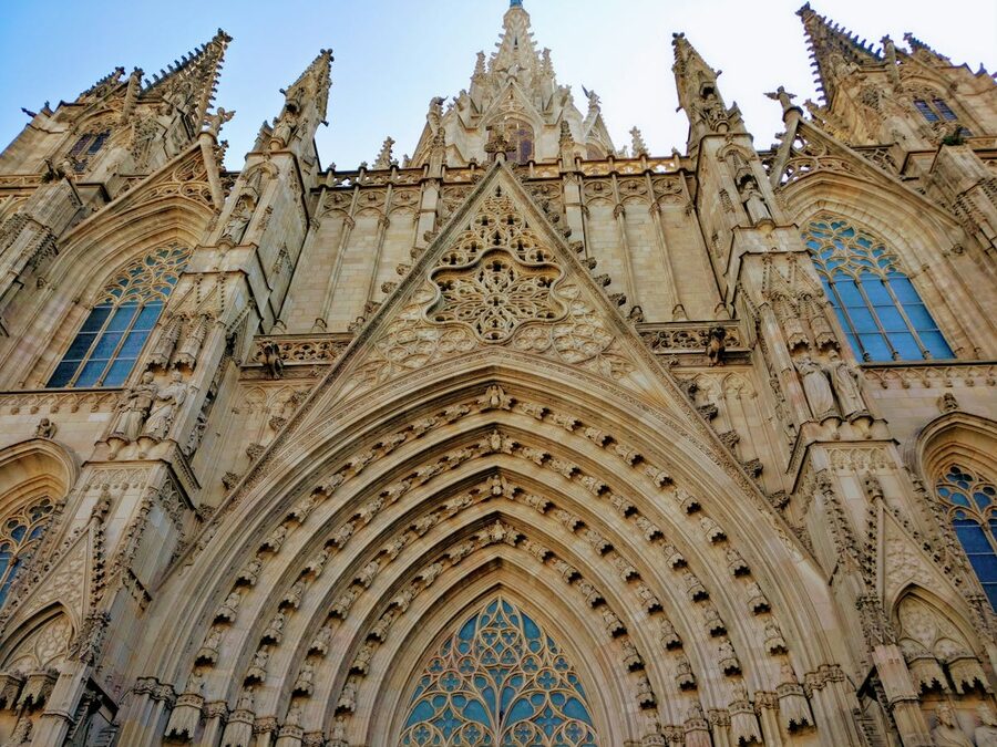 Close-up Gothic architectural detail on Barcelona Cathedral exterior