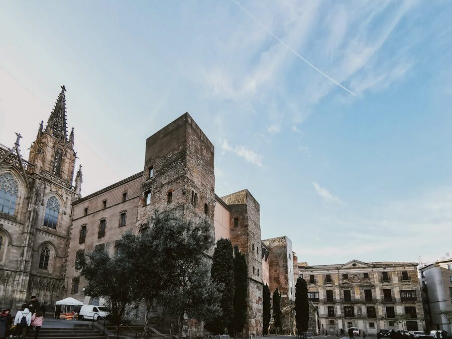 Barcelona Cathedral and surrounding Gothic buildings under blue sky