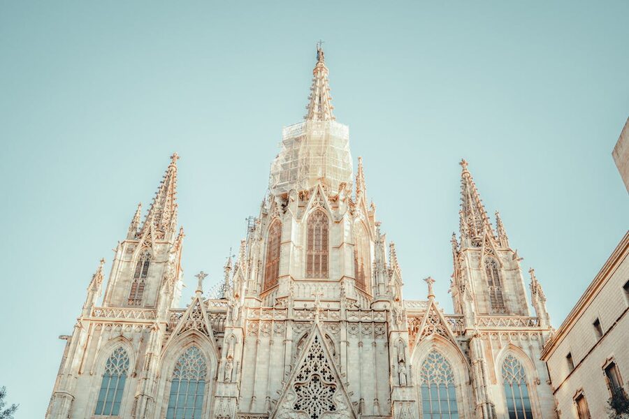 Low angle view of Barcelona Cathedral Gothic architecture and spires