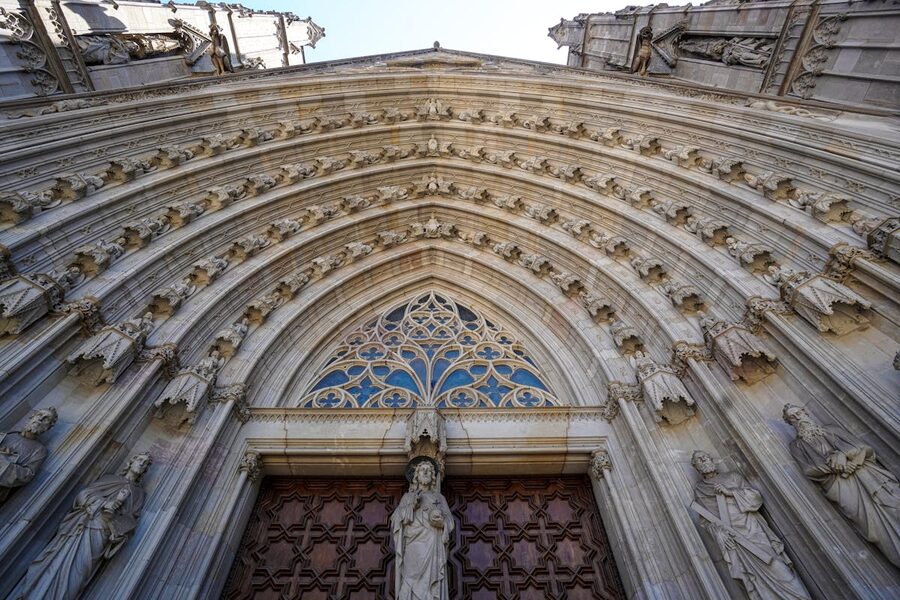 Close-up of ornate Gothic facade details on Barcelona Cathedral