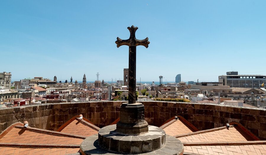 Barcelona Cathedral rooftop with city views and architectural details