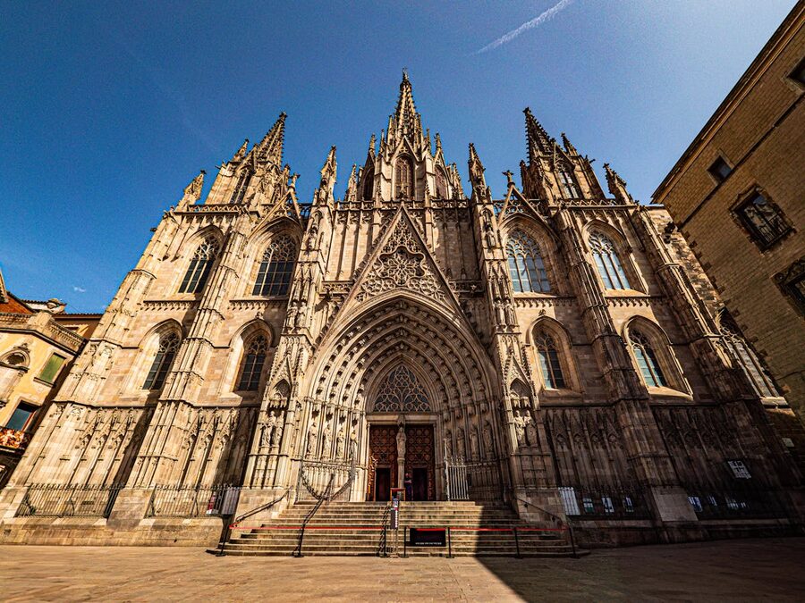 Barcelona Cathedral Gothic facade in warm afternoon sunlight