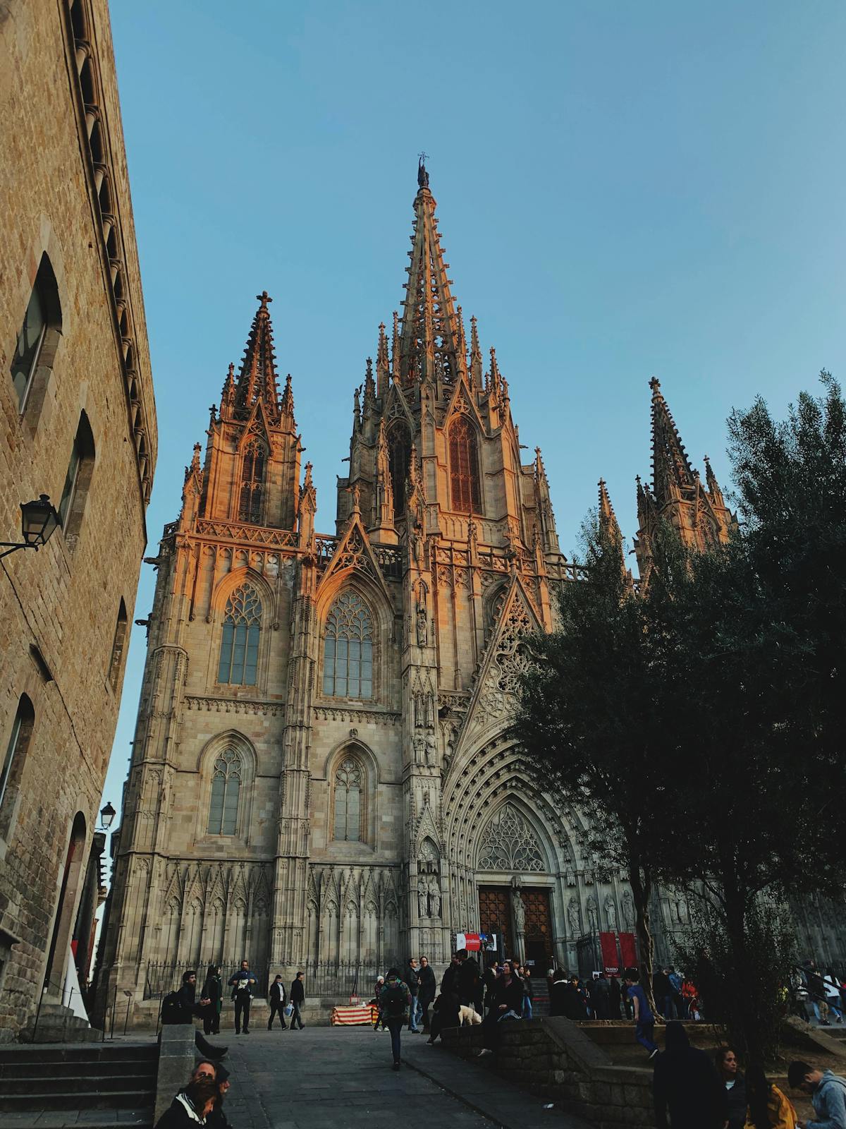 Barcelona Cathedral facade at sunset