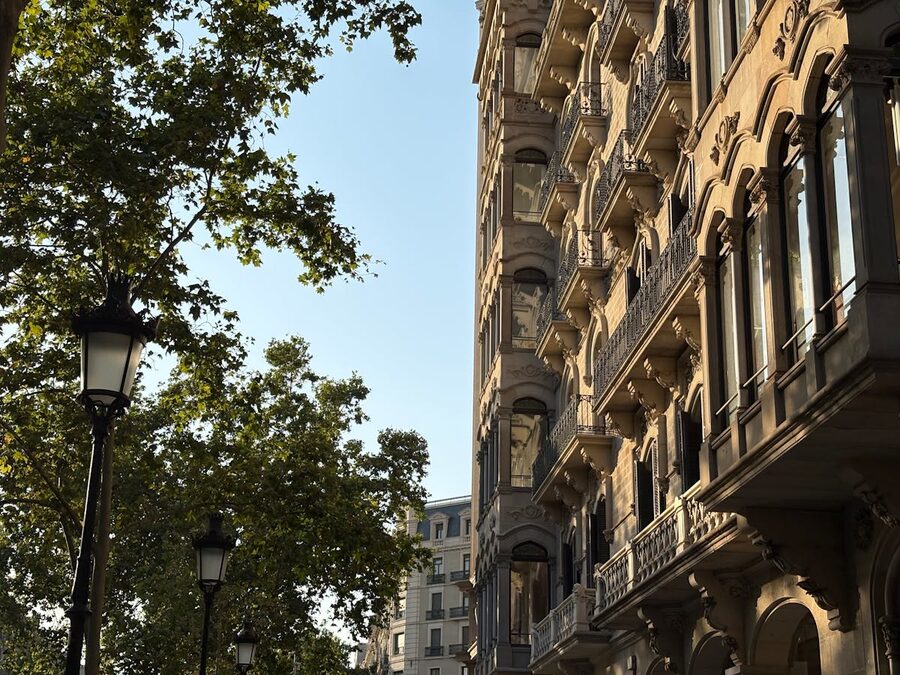 Gothic architecture in Barcelona illuminated by warm sunset light