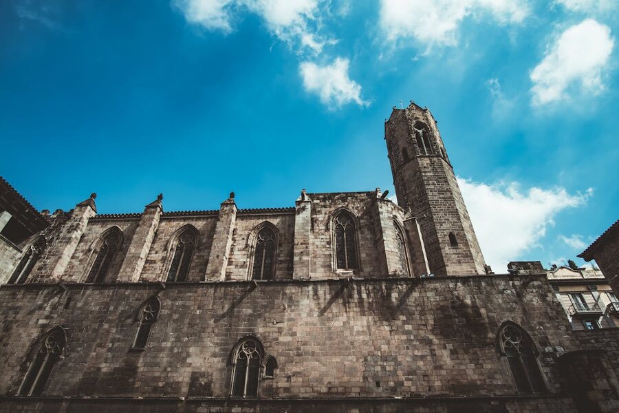 Gothic cathedral in Barcelona against a clear blue sky
