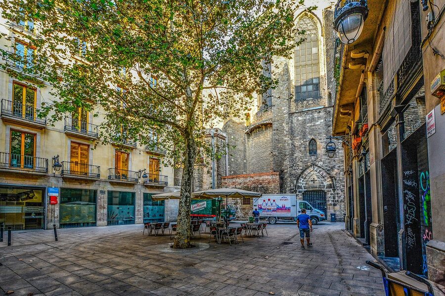 Barcelona Gothic Quarter morning scene with cathedral in background