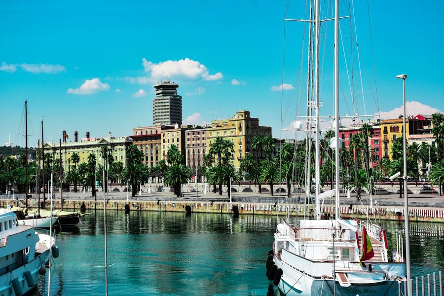 Barcelona harbour with colourful waterfront buildings and boats