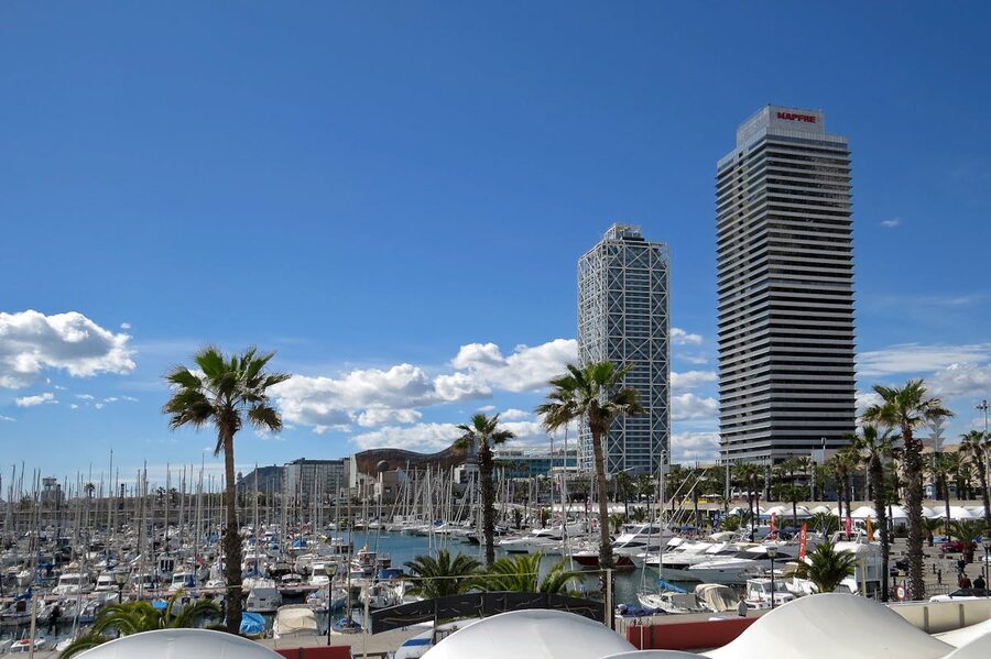 Barcelona marina with palm trees and city skyline under clear sky