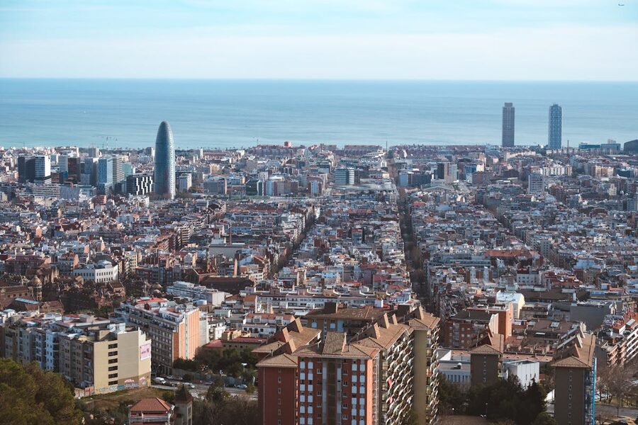 Panoramic aerial view of Barcelona coastline and city