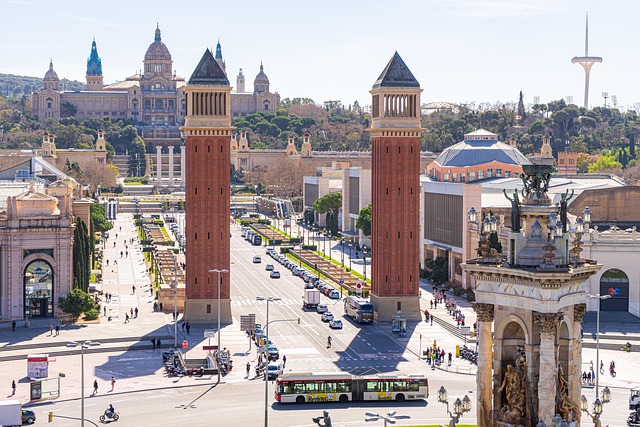Barcelona plaza with historic buildings and visitors