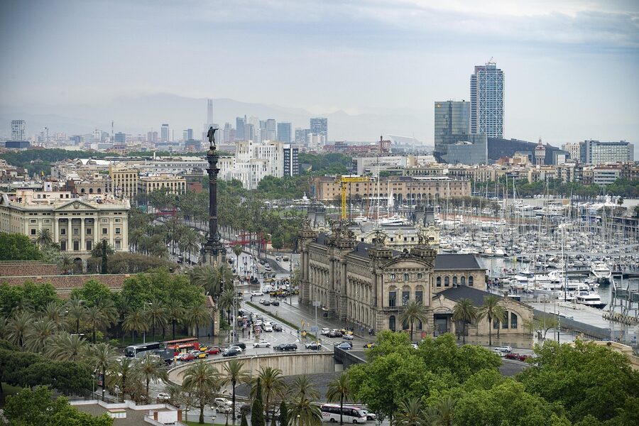 Columbus Monument and Port Vell area in Barcelona