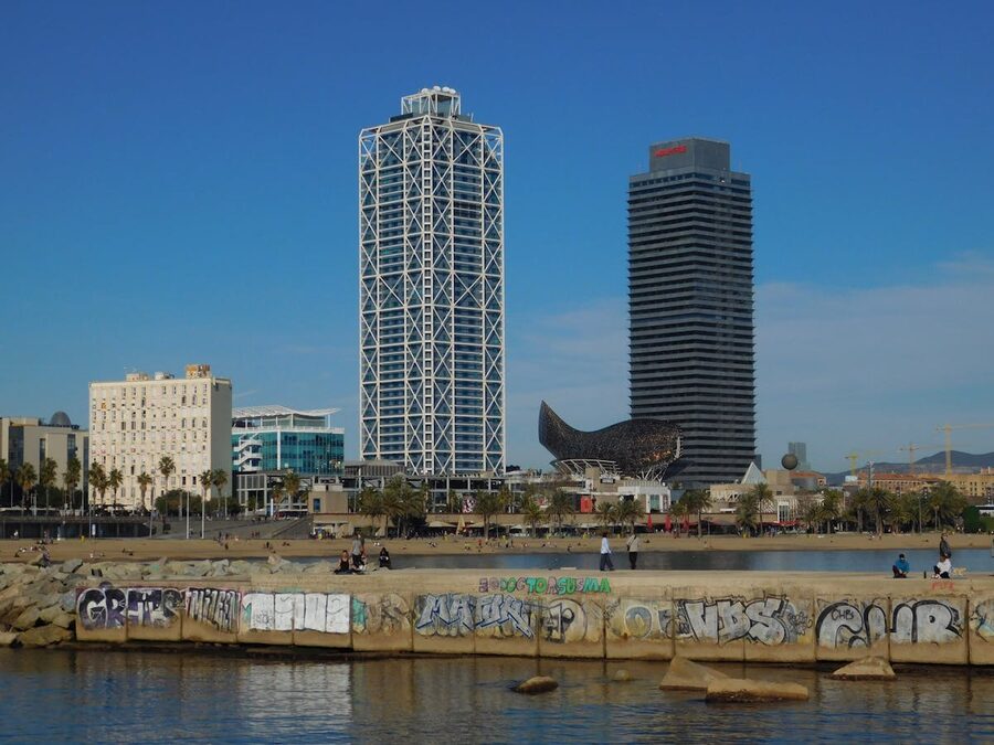 Barcelona skyline with W Hotel and Barceloneta Beach panoramic view