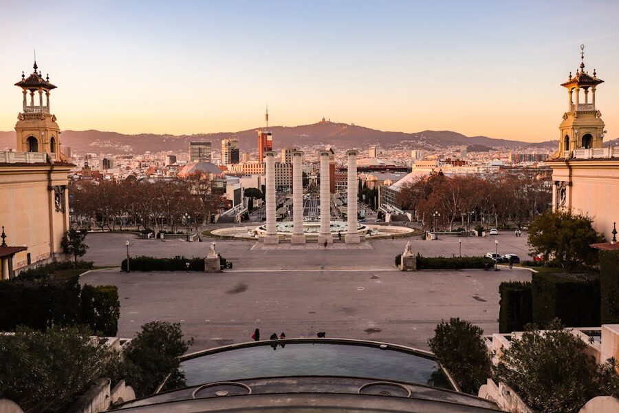 Sunset view from Montjuic over Barcelona rooftops