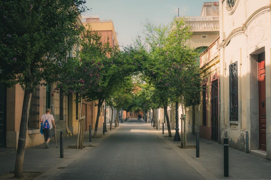 Tree-lined peaceful street in Barcelona with historic buildings