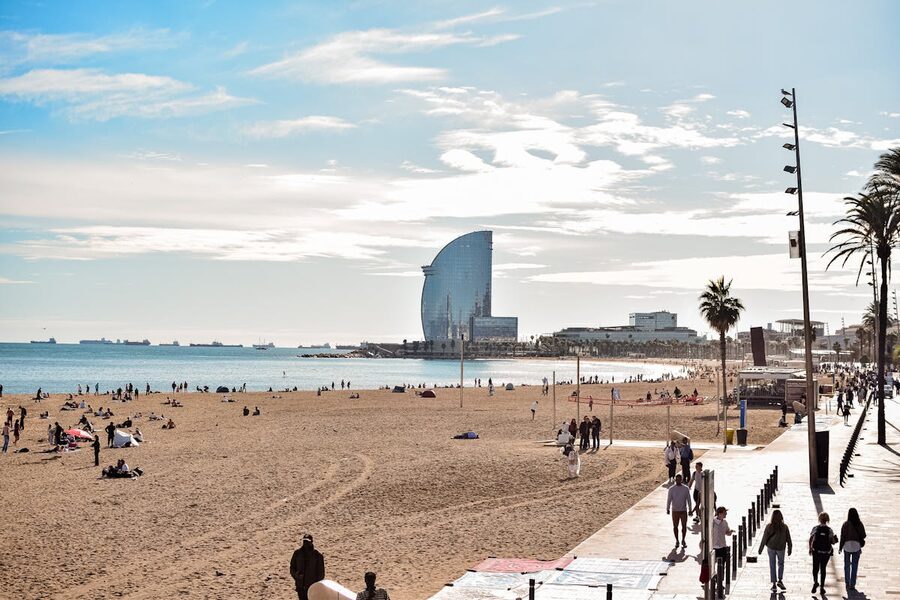 Barceloneta Beach with the W Barcelona Hotel visible in background