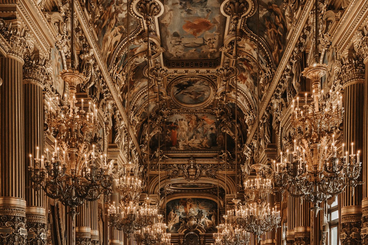 Lavish baroque interior with chandeliers and ornate ceilings at the Palais Garnier