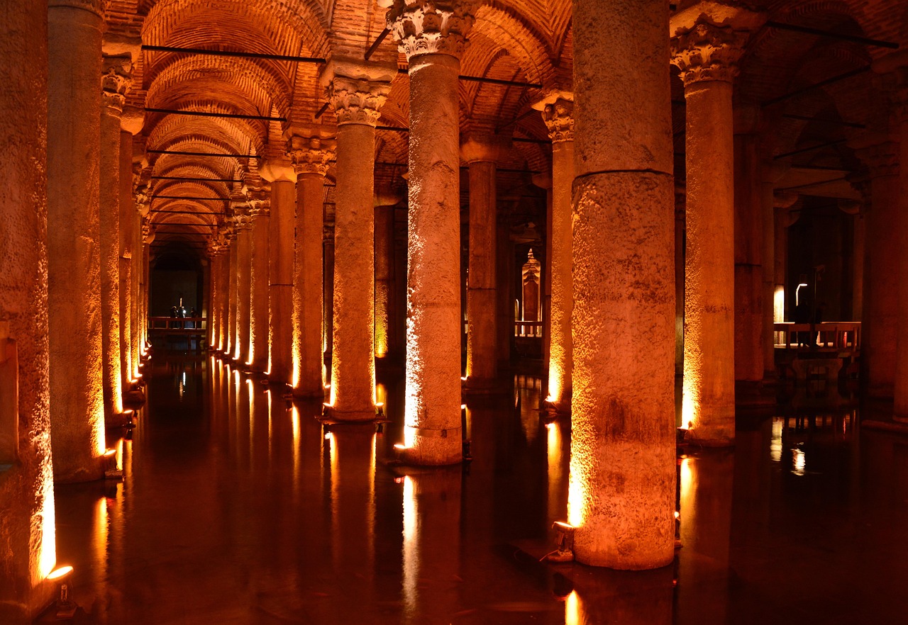 Lit columns of the Basilica Cistern showing the underground architecture