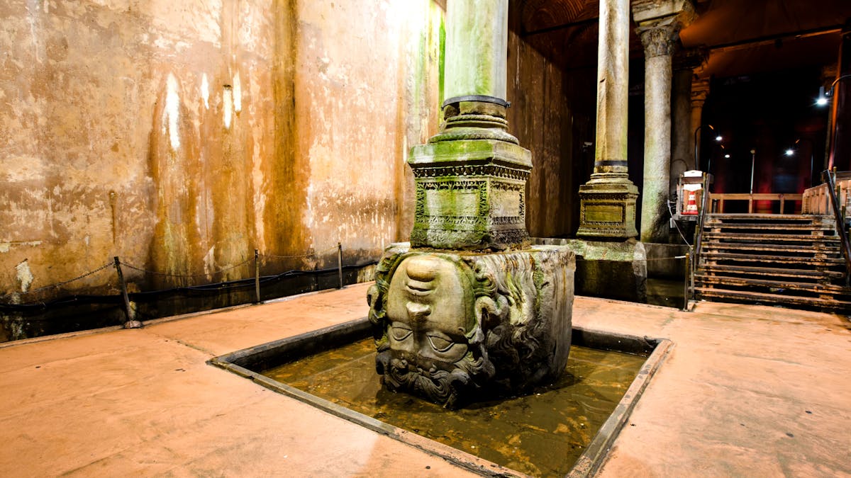 The Medusa head column base inside the Basilica Cistern Istanbul