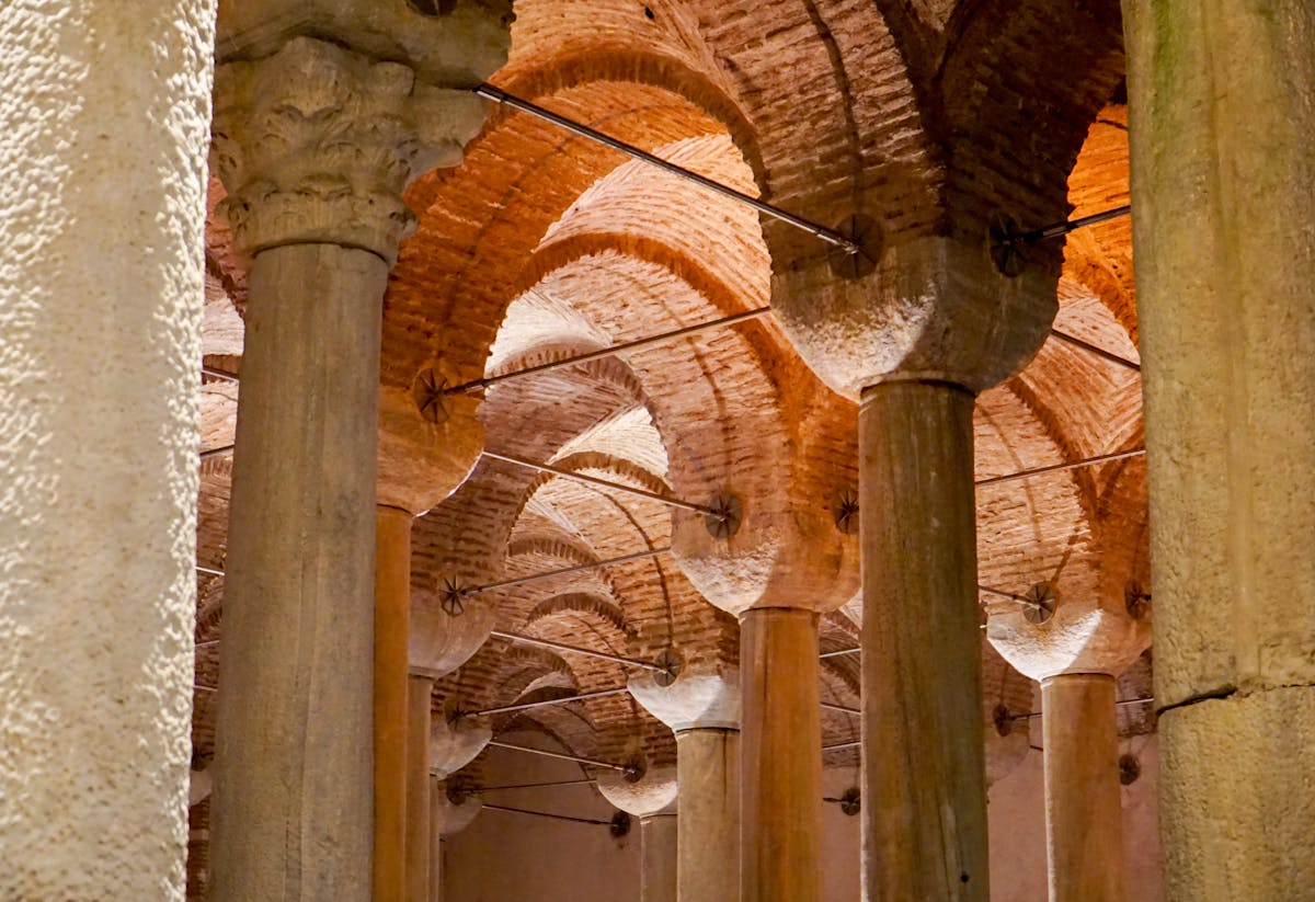 Stone columns with carved capitals inside the Basilica Cistern