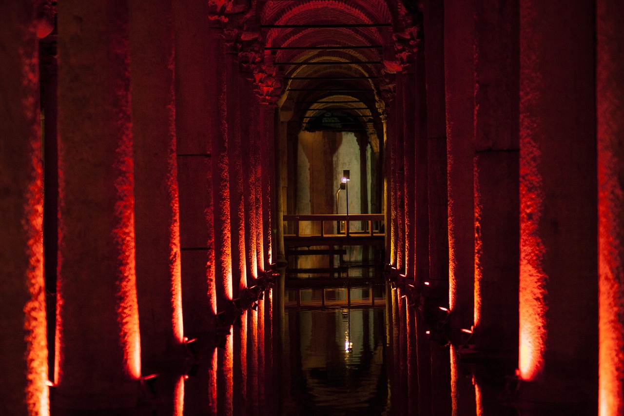 Symmetrical arches stretching through the underground Basilica Cistern