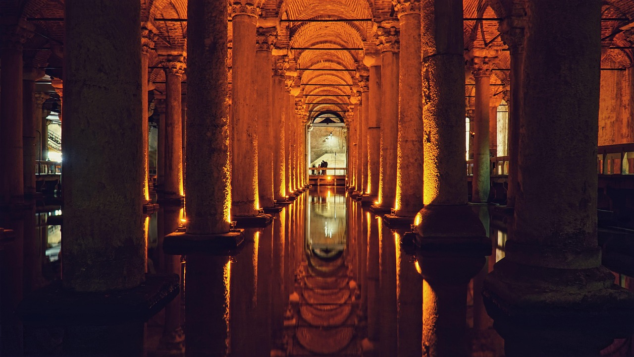 Underground view of the Yerebatan Cistern with atmospheric lighting