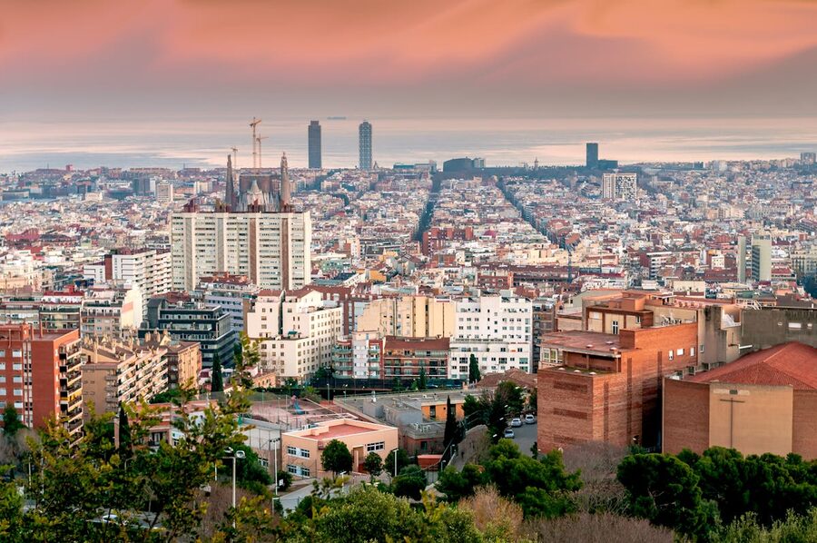 Aerial sunset view of Barcelona cityscape