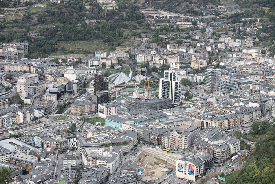 Aerial perspective of Andorra la Vella showing urban landscape and architecture